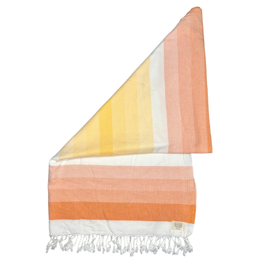 Teema Turkish Cotton Towel OS Orange Yellow Striped Tassel Fringe Peshtemal